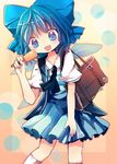  1girl :d bag blue_eyes blue_hair cirno food ice_cream nanahamu open_mouth ribbon short_hair skirt smile solo touhou 