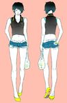  bag black_hair bra_strap cigarette denim denim_shorts exposed_pocket fashion fred_perry_(brand) legs midriff navel no_socks pink_background plastic_bag sapon shirt short_hair short_shorts shorts simple_background sleeveless sleeveless_shirt smoking solo 