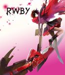  boots cape celsius_(uzumaki215) copyright_name crescent_rose cross flower highres pantyhose petals red_hair ruby_rose rwby scythe short_hair silver_eyes solo weapon 