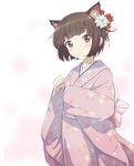  absurdres animal_ears black_hair cat_ears extra_ears flower green_eyes hair_flower hair_ornament highres ikoku_meiro_no_croisee japanese_clothes kemonomimi_mode kimono pu-chin short_hair smile solo white_background yune_(ikoku_meiro_no_croisee) 