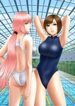  armpits blue_eyes brown_eyes brown_hair competition_swimsuit indoors long_hair megurine_luka meiko multiple_girls murasaki_(ekyu) one-piece_swimsuit pink_hair pool project_diva_(series) project_diva_f short_hair swimsuit swimwear_(module) turtleneck vocaloid 