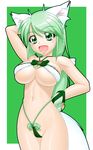  absurdres animal_ears arm_up bow bowtie breasts cleavage delica gloves green_background green_eyes green_hair groin hand_on_hip highleg highleg_panties highres large_breasts long_hair original panties revealing_clothes skindentation smile solo tail thong underboob underwear 