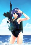  asp_underwater_rifle backpack bag blue_eyes blue_hair gun highres magazine_(weapon) mizuki_(mizuki_ame) one-piece_swimsuit original ponytail school_swimsuit short_hair solo swimsuit trigger_discipline weapon 