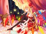  bad_id bad_pixiv_id blonde_hair flandre_scarlet flower hair_ribbon highres mary_janes red_eyes ribbon shoes side_ponytail single_shoe solo star stuffed_animal stuffed_toy teddy_bear thighhighs touhou transistor wings wrist_cuffs 