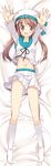  blush brown_hair error_musume hat humanization kantai_collection kneehighs komone_ushio long_hair looking_at_viewer lying navel on_back open_mouth outstretched_arms shoshinsha_mark skirt smile solo twintails white_legwear 