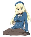  atago_(kantai_collection) black_gloves black_legwear blonde_hair blue_hat blush breasts gloves green_eyes hat highres kantai_collection large_breasts long_hair looking_at_viewer military military_uniform morino_harifu pantyhose simple_background sitting smile solo uniform wariza white_background 