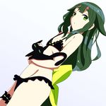  bikini black_bikini bow cat frilled_bikini frills gatchaman_crowds green_eyes green_hair hair_bow kaiman leg_garter long_hair solo swimsuit utsutsu very_long_hair 