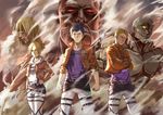  4boys annie_leonhardt armored_titan bertolt_hoover colossal_titan dual_persona emblem female_titan multiple_boys multiple_girls paradis_military_uniform reiner_braun shingeki_no_kyojin spoilers stflash training_corps_(emblem) 