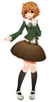  black_legwear blush brown_eyes brown_hair crossdressing danganronpa danganronpa_1 fujisaki_chihiro full_body highres kinakomoti male_focus mary_janes open_mouth otoko_no_ko school_uniform shoes short_hair simple_background skirt smile solo white_background 