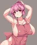  apron areola_slip areolae armpits bad_id bad_pixiv_id breasts cleavage covered_navel grey_background highres huge_breasts looking_at_viewer moisture_(chichi) naked_apron purple_hair red_eyes saigyouji_yuyuko short_hair sideboob simple_background solo touhou 