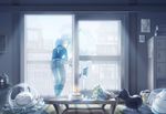  balcony blue_hair boots bouquet cake clear_(dramatical_murder) couple dog dramatical_murder flower food gas_mask headphones headphones_around_neck imminent_kiss jellyfish kino707 male_focus multiple_boys ren_(dramatical_murder) scarf seragaki_aoba table umbrella white_hair yaoi 