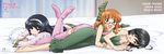  3girls absurdres barefoot bed bed_sheet bedroom black_hair brown_eyes character_name copyright_name curtains feet frills full_body girls_und_panzer glasses grey_eyes highres indoors isuzu_hana logo long_image looking_at_viewer lying lying_on_person multiple_girls no_shoes official_art on_side on_stomach open_mouth orange_hair pillow poster red-framed_glasses reizei_mako room semi-rimless_glasses sleepy sleeveless smile socks sugimoto_isao takebe_saori thighhighs under-rim_glasses wide_image 