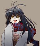  ahoge blood blood_on_face japanese_clothes kimono long_hair looking_at_viewer nurarihyon_no_mago scarf simple_background solo tongue tongue_out upper_body yellow_eyes yuki_onna_(nurarihyon_no_mago) zmczmc23 