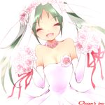  bare_shoulders black_hair bouquet bridal_gauntlets bridal_veil closed_eyes dr_rex dress fang flower francesca_lucchini hair_flower hair_ornament open_mouth ribbon rose sleeveless solo strike_witches twintails veil wedding_dress world_witches_series 