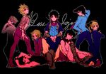  6+boys arched_back arms_behind_head arms_up bad_id bad_pixiv_id battle_tendency black_background black_hair blonde_hair boots bracer braid cosplay crossed_legs diamond_wa_kudakenai diavolo diavolo_(cosplay) dio_brando dio_brando_(cosplay) double_bun enrico_pucci enrico_pucci_(cosplay) formal funny_valentine funny_valentine_(cosplay) giorno_giovanna hand_on_hip hand_on_own_face hand_on_own_head hands_on_lap hat higashikata_jousuke higashikata_jousuke_(jojolion) johnny_joestar jojo_no_kimyou_na_bouken jojolion jonathan_joestar joseph_joestar_(young) kars_(jojo) kars_(jojo)_(cosplay) kira_yoshikage kira_yoshikage_(cosplay) knee_boots kneeling kumio-appon kuujou_jolyne kuujou_joutarou leg_up loincloth looking_at_viewer lying multicolored_hair multiple_boys nude on_back phantom_blood pose scarf simple_background sitting smile standing stardust_crusaders steel_ball_run stone_ocean suit two-tone_hair vento_aureo 