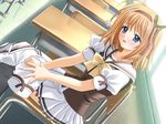  1girl black_legwear blush bow classroom desk dutch_angle frills fuyou_kaede game_cg hair_bow hair_ribbon hairband miniskirt orange_hair ribbon school_uniform serafuku short_hair shuffle! sitting skirt thighhighs 