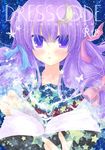  alternate_costume alternate_hairstyle blush book bug butterfly cover cover_page crescent crescent_hair_ornament doujin_cover hair_ornament insect long_hair patchouli_knowledge purple_eyes purple_hair school_uniform shiromomo solo star touhou 