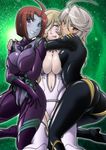  ahoge ass blonde_hair blue_eyes bodysuit breasts cleavage gamilas girl_sandwich harada_shoutarou highres large_breasts long_hair medium_breasts melda_deitz multiple_girls purple_bodysuit purple_eyes red_eyes red_hair sandwiched short_hair silver_hair uchuu_senkan_yamato uchuu_senkan_yamato_2199 yamamoto_akira yuri yurisha_iscandar 