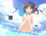  :d barefoot beach black_hair blush collarbone day hair_ribbon hair_tubes hakurei_reimu open_mouth outdoors ponytail ribbon shin_(new) sitting smile solo swimsuit touhou water yellow_eyes 