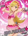  ;) artist_request bikini blonde_hair bracelet card_(medium) character_name earrings flower flower_(symbol) fujimoto_rina grey_eyes hair_flower hair_ornament hairband heart hibiscus idolmaster idolmaster_cinderella_girls jewelry long_hair microphone official_art one_eye_closed smile solo swimsuit 