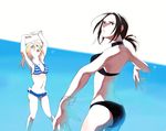  armpits arms_up bad_id bad_pixiv_id beach bikini black_bikini black_eyes black_hair blonde_hair blue_eyes christa_renz electric_flower freckles looking_up multiple_girls ocean shingeki_no_kyojin short_hair striped striped_bikini striped_swimsuit swimsuit water ymir_(shingeki_no_kyojin) 