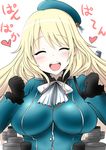  atago_(kantai_collection) black_gloves blonde_hair blue_hat blush breasts gloves hat heart kantai_collection large_breasts long_hair military nekota_susumu open_mouth pan-pa-ka-paaan! smile solo translated uniform 