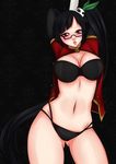 absurdres arms_up bad_id bad_pixiv_id black_hair blazblue blush bra breasts chisana-neko glasses hair_ornament highres lao_jiu large_breasts litchi_faye_ling long_hair navel open_clothes open_mouth open_shirt panda panties pink_eyes pole ponytail shirt solo underwear very_long_hair 