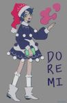  1girl :d artist_name blue_dress blue_eyes blue_hair book doremy_sweet dress ferricblue full_body fur-trimmed_hat grey_footwear hat holding holding_book kneehighs long_sleeves looking_at_viewer open_mouth red_hat santa_hat shoes short_hair smile solo standing touhou white_legwear 