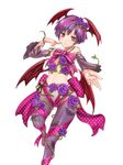  alternate_costume animal_print artist_request bare_shoulders bat_print bat_wings blush demon_girl detached_sleeves finger_to_mouth flat_chest flower hair_flower hair_ornament head_wings lilith_aensland mini_wings no_shoes onimusha_soul outstretched_hand pantyhose plant print_legwear purple_flower purple_hair purple_rose red_eyes ribbon rose short_hair smile solo succubus vampire_(game) vines wings 