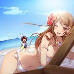  2girls ;p bad_id bad_pixiv_id beach bikini blush breasts brown_eyes brown_hair cloud day flower hair_flower hair_ornament hayakawa_akari hibiscus innertube jewelry long_hair looking_at_viewer lying medium_breasts multiple_girls navel necklace o_o ocean off_shoulder on_stomach one-piece_swimsuit one_eye_closed original outdoors school_swimsuit sky smile sparkle standing strap_slip sunlight swimsuit tan tanline tongue tongue_out 