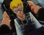  80s animated animated_gif blonde_hair jewelry m.d._geist male male_focus md_geist motor_vehicle motorcycle muscle necklace ohata_koichi oldschool pendant riding sunglasses vehicle 