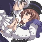  00s angry artist_request brown_hair frills hat heterochromia long_hair ribbon rozen_maiden short_hair source_request souseiseki suigintou 