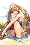  ass bangs basket beach beach_towel black_legwear blonde_hair blue_eyes blush bottle bow braid breast_press breasts dappled_sunlight day flower french_braid from_side hair_bow hair_flower hair_ornament hair_ribbon hand_on_foot head_tilt highleg highleg_swimsuit kkuem knees_on_chest large_breasts leaf legs long_hair long_sleeves looking_at_viewer lotion million_arthur_(series) ocean official_art one-piece_swimsuit open_clothes open_shirt outdoors parted_lips picnic_basket ribbon see-through shade shinshungata_lan_fan shirt sideboob sitting sky solo striped sunlight sunscreen swimsuit swimsuit_under_clothes thighhighs thighhighs_pull towel twintails undressing very_long_hair water 