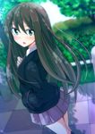  brown_hair cardigan green_eyes hand_in_pocket highres idolmaster idolmaster_cinderella_girls long_hair looking_at_viewer okome_(minagisama) open_mouth school_uniform shadow shibuya_rin skirt solo tiles tree 