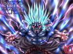  aqua_hair aura blue_skin copyright_name glowing glowing_eyes kuruoshiki_oni lightning male_focus motion_blur muscle nikuji-kun red_eyes sharp_teeth shirtless solo spiked_hair street_fighter street_fighter_iv_(series) teeth 