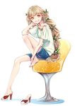  barefoot brown_hair chair feet_on_chair flower full_body grin hair_flower hair_ornament high_heels knee_up legs long_hair mikuni_(mikunik) orange_eyes orangina original personification sandals shoes shorts simple_background single_shoe sitting smile solo 