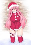  baka_to_test_to_shoukanjuu blush breasts bunny garters hair_ornament hat highres himeji_mizuki kneeling large_breasts libre long_hair no_pants pink_hair purple_eyes santa_hat smile solo sweater turtleneck very_long_hair 