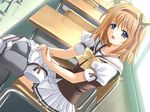  1girl black_legwear blush bow classroom desk dutch_angle frills fuyou_kaede game_cg hair_bow hair_ribbon hairband miniskirt orange_hair ribbon school_uniform serafuku short_hair shuffle! sitting skirt thighhighs 