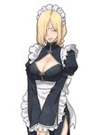  alternate_costume apron blonde_hair blush braid breasts china_dress chinese_clothes cleavage cleavage_cutout closed_eyes dress fullmetal_alchemist highres large_breasts long_hair maid maid_headdress olivier_mira_armstrong simple_background single_braid solo tenchisouha v_arms waist_apron white_background 