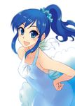  aikatsu! aikatsu!_(series) bad_id bad_pixiv_id bare_shoulders blue_eyes blue_hair blush breasts dress hand_on_hip kiriya_aoi kusanagi_tonbo long_hair looking_at_viewer open_mouth ponytail simple_background small_breasts smile solo 