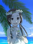  :d black_eyes blue_sky brown_hair cat day dress flower head_wreath holding holding_cat horizon long_hair looking_at_viewer low_twintails morifumi ocean open_mouth original outdoors palm_tree sky smile solo tree tree_shade twintails under_tree water white_dress 