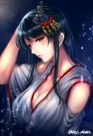  1girl black_hair blush breasts cleavage closed_mouth detached_sleeves eyebrows_visible_through_hair fusou_(kantai_collection) hair_between_eyes hair_ornament headgear highres japanese_clothes kantai_collection kazu_(otonoki86) large_breasts long_hair looking_at_viewer night night_sky red_eyes sky solo upper_body 