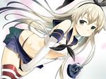  anchor anchor_hair_ornament black_panties blonde_hair blush elbow_gloves gloves green_eyes hair_ornament hairband kantai_collection long_hair looking_at_viewer navel panties shimakaze_(kantai_collection) skirt solo striped striped_legwear thighhighs underwear white_gloves zpolice 