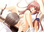  1girl brown_eyes brown_hair buruma footwear gym_uniform lisianthus pointy_ears pussy shuffle! socks table tsuchimi_rin uncensored 