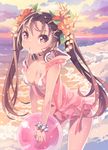  ball beach beachball bf._(sogogiching) bikini brown_hair flower hair_flower hair_ornament headphones long_hair mouth_hold ocean original outdoors pink_eyes sky solo swimsuit twintails water wet 