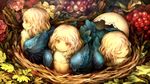  blonde_hair broken_egg child closed_mouth dragon's_crown feathers flower food fruit game_cg grapes harpy harpy_(dragon's_crown) human_head leaf long_hair monster_girl multiple_girls nest official_art red_eyes shigatake younger 