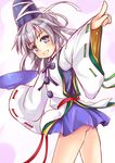  ass bottomless cup grey_eyes grin hat hat_ribbon long_sleeves mononobe_no_futo niiya outstretched_arm pointing ribbon sakazuki shirt silver_hair smile solo sparkle touhou wide_sleeves 