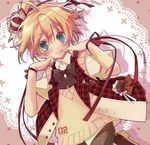  aqua_eyes blonde_hair bow bowtie cardigan crown food fruit green_eyes hekicha highres kagamine_len male_focus ribbon smile strawberry vocaloid 