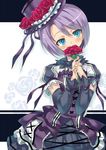  aqua_eyes arm_warmers covering_mouth flower frills gothic_lolita hat hat_ribbon kiyoichi_(acacia_soukyoukai) lolita_fashion looking_at_viewer original purple_hair ribbon rose short_hair 