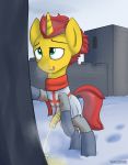  2019 armor castle clothed clothing digital_media_(artwork) equine horse knight male mammal my_little_pony open_mouth peeing penis pony relief snow solo steam triplesevens_(artist) urine watersports 